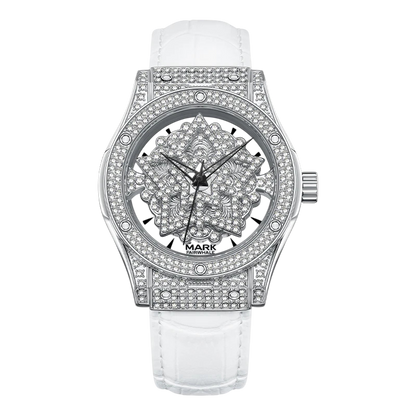 Luxury watch with diamond-studded face and white strap on a white background