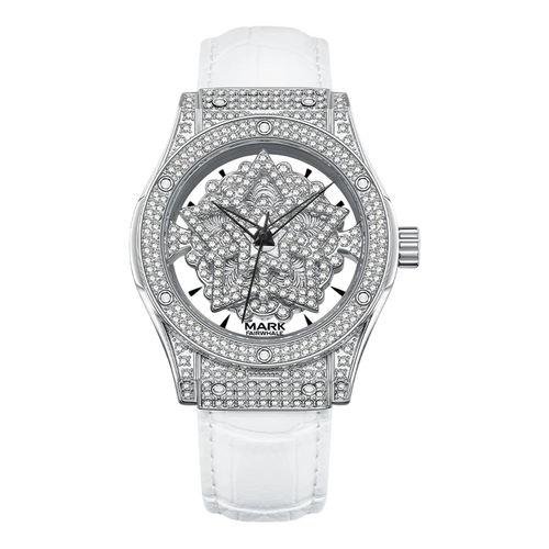 Luxury watch with diamond-studded face and white strap on a white background