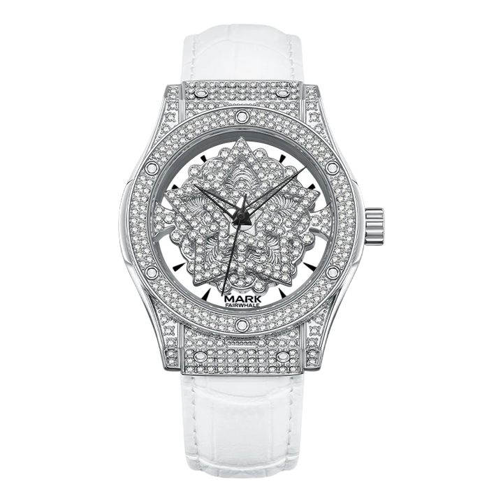 Luxury watch with diamond-studded face and white strap on a white background