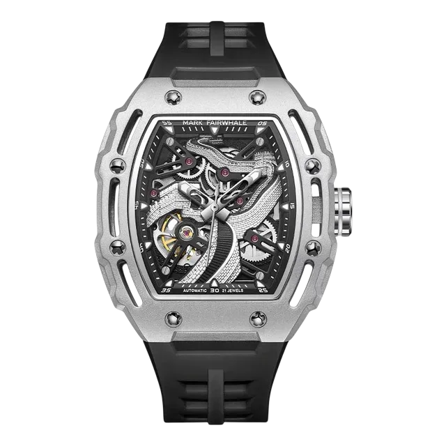 Luxury watch with black strap and silver case on a white background