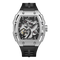 Luxury watch with black strap and silver case on a white background