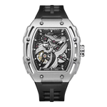 Luxury watch with black strap and silver case on a white background
