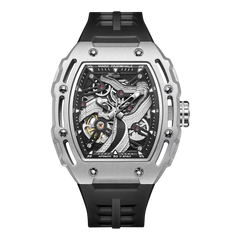 Luxury watch with black strap and silver case on a white background