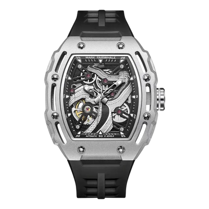 Luxury watch with black strap and silver case on a white background