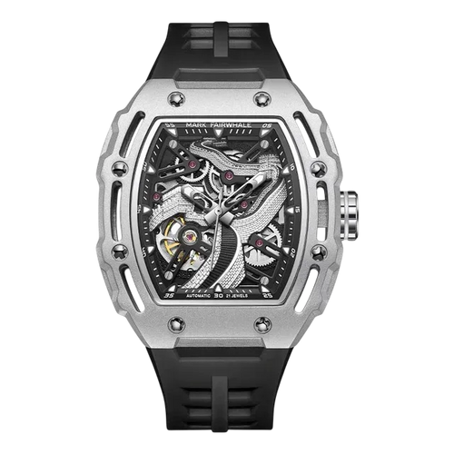Luxury watch with black strap and silver case on a white background