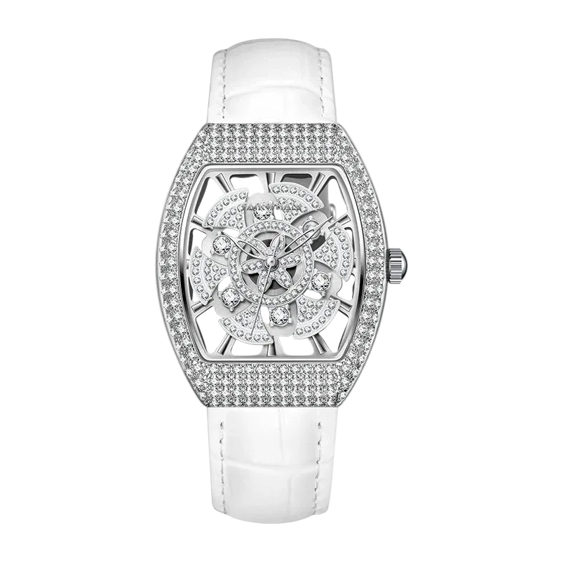 Luxury watch with white strap and silver case on a white background
