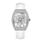Luxury watch with white strap and silver case on a white background