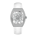 Luxury watch with white strap and silver case on a white background