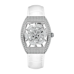 Luxury watch with white strap and silver case on a white background