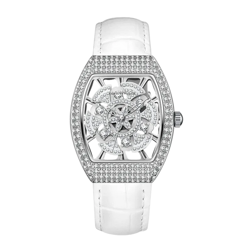 Luxury watch with white strap and silver case on a white background