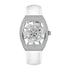 Luxury watch with white strap and silver case on a white background