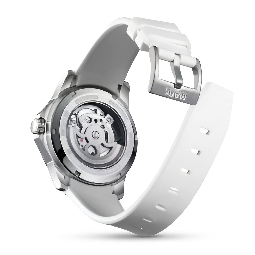 Luxury Fairwhale automatic watch exhibition case back visible movement white rubber strap stainless steel clasp detail