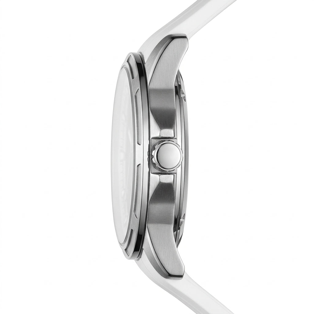Luxury Fairwhale automatic watch side profile silver stainless steel case slim design white strap detail