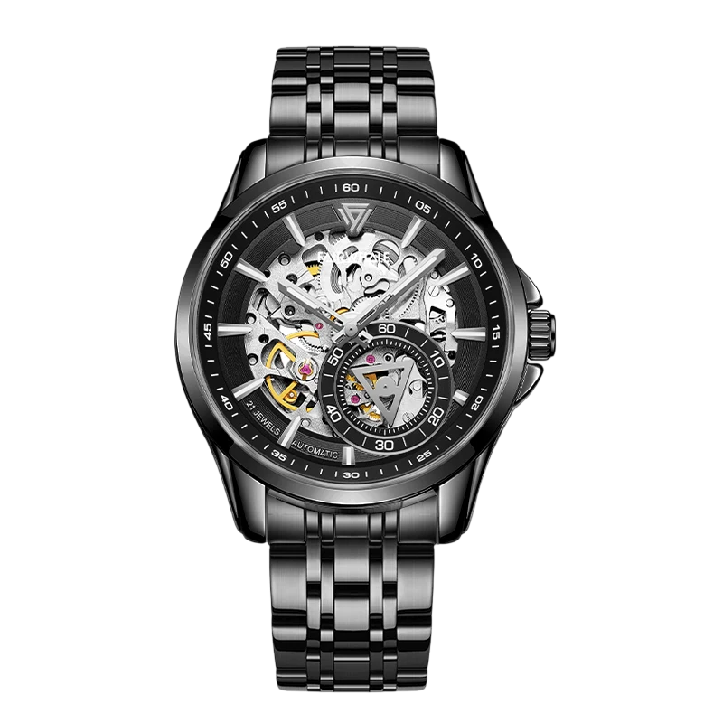 Luxury Fairwhale skeleton watch black dial steel case stainless steel bracelet automatic mechanical wristwatch front view