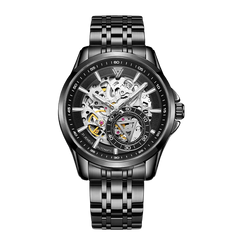 Luxury Fairwhale skeleton watch black dial steel case stainless steel bracelet automatic mechanical wristwatch front view