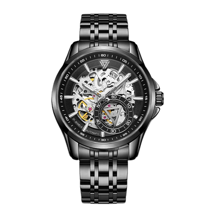 Luxury Fairwhale skeleton watch black dial steel case stainless steel bracelet automatic mechanical wristwatch front view