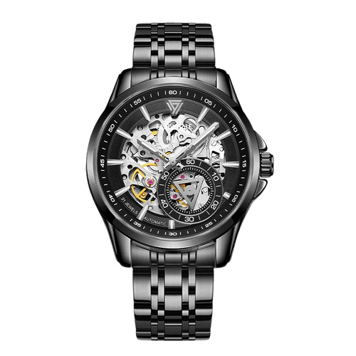 Luxury Fairwhale skeleton watch black dial steel case stainless steel bracelet automatic mechanical wristwatch front view