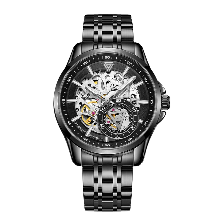Luxury Fairwhale skeleton watch black dial steel case stainless steel bracelet automatic mechanical wristwatch front view