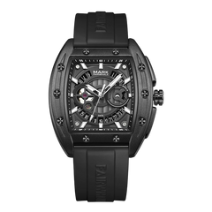 Luxury Fairwhale tonneau watch black dial black case black rubber strap automatic mechanical wristwatch front view