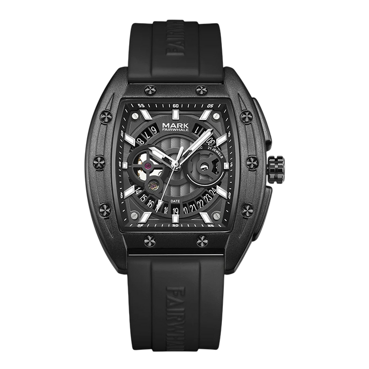 Luxury Fairwhale tonneau watch black dial black case black rubber strap automatic mechanical wristwatch front view