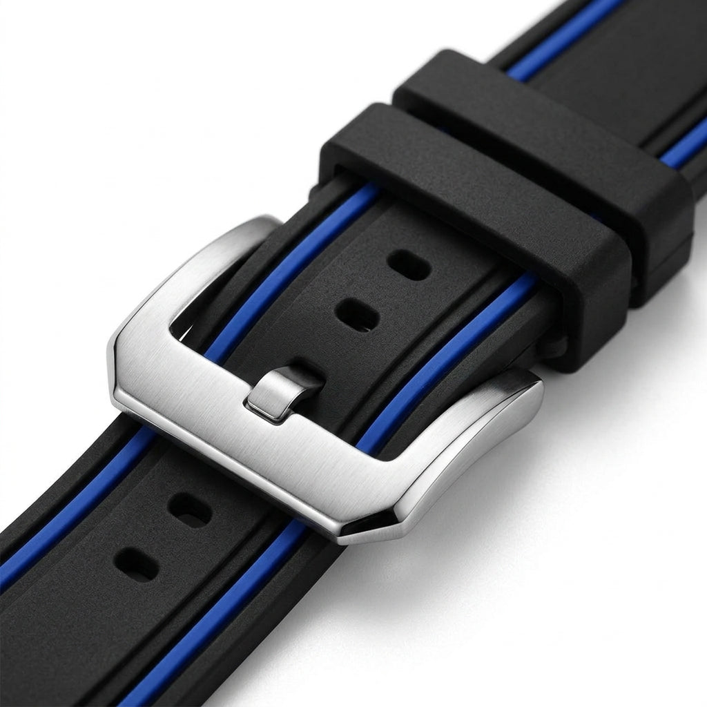 Luxury Fairwhale watch strap close up black rubber strap blue detail stainless steel buckle premium finish