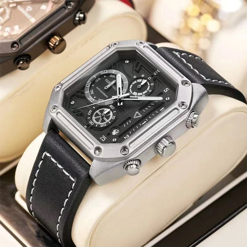 Luxury Mark Fairwhale 5570 SQUARIS men’s square chronograph watch with stainless steel case and leather strap display