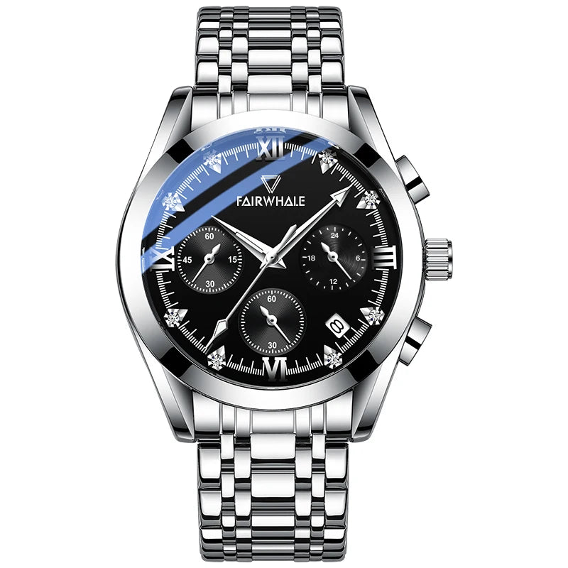 Luxury Mark Fairwhale ALESTRA 5380 men’s quartz watch with stainless steel bracelet and black dial