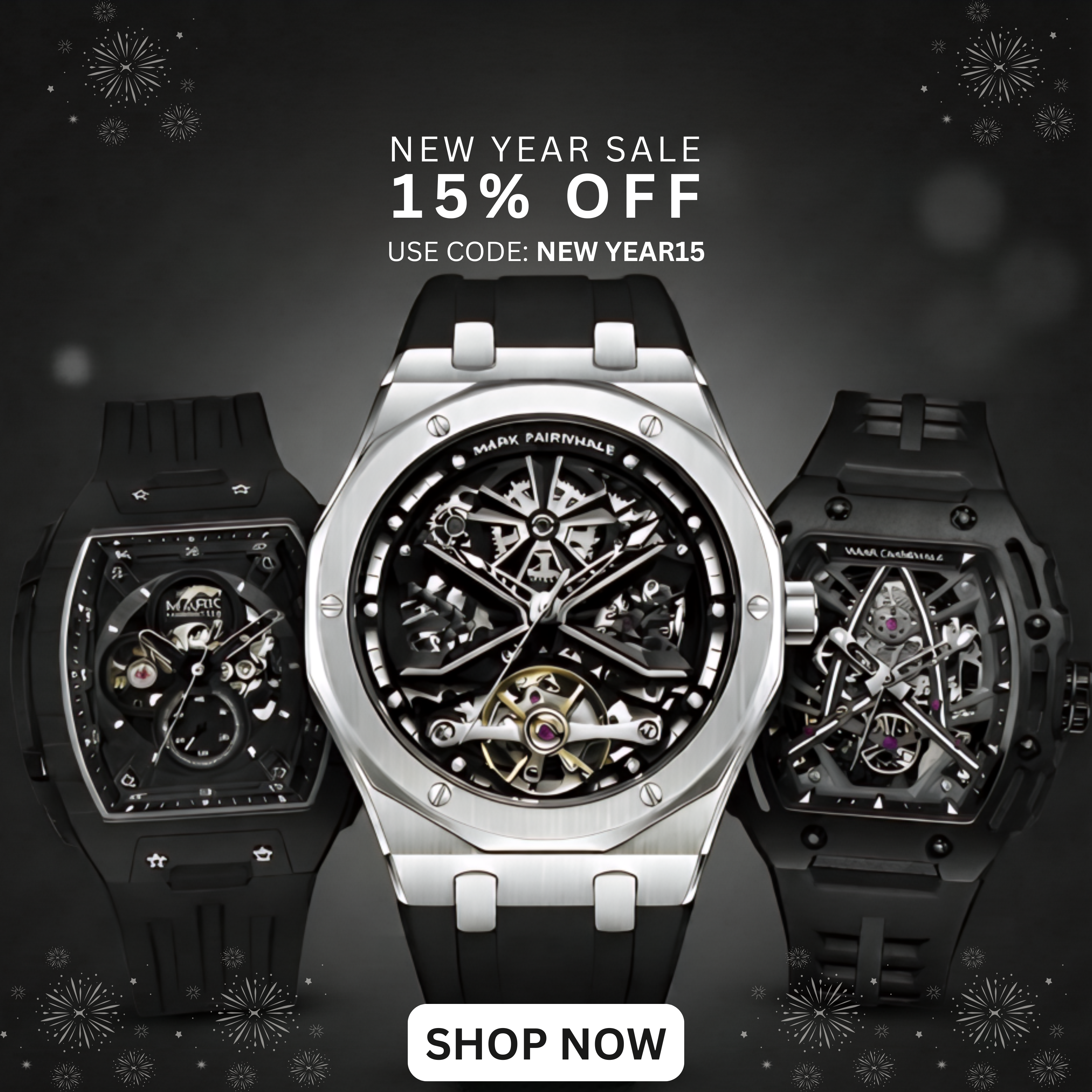 Luxury Mark Fairwhale men’s automatic skeleton watches showcased for New Year Sale 15% OFF, elegant black theme banner with fireworks, featuring stainless steel and tonneau models