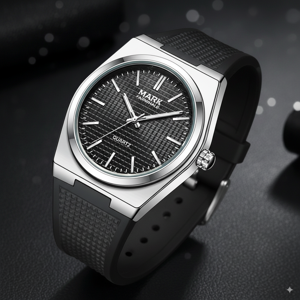 Luxury Mark Fairwhale men’s quartz watch with black textured dial, stainless steel case and black rubber strap – modern and elegant design.
