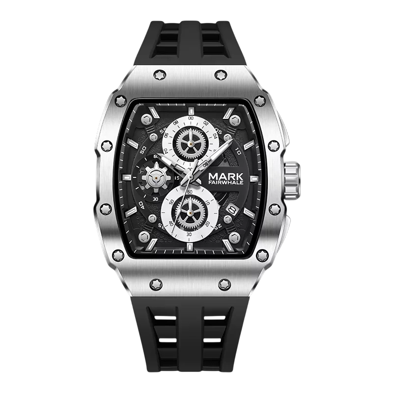 Luxury watch with black strap and silver case on a white background