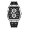 Luxury watch with black strap and silver case on a white background
