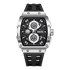 Luxury watch with black strap and silver case on a white background