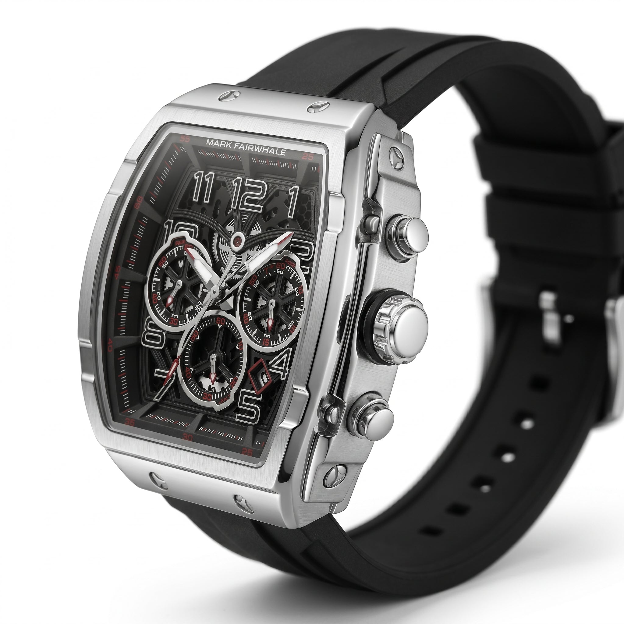 Luxury watch with black strap and silver case on a white background