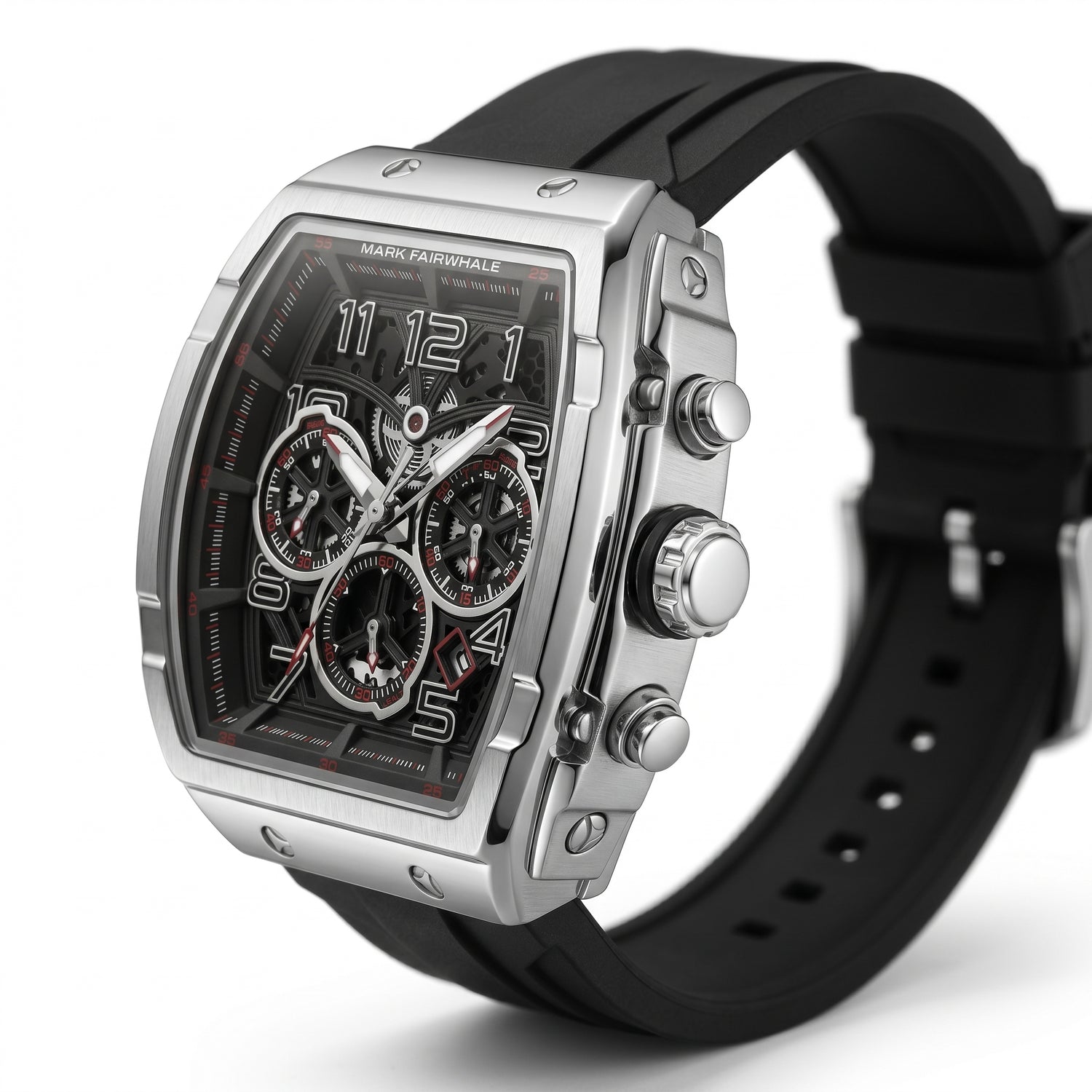 Luxury watch with black strap and silver case on a white background