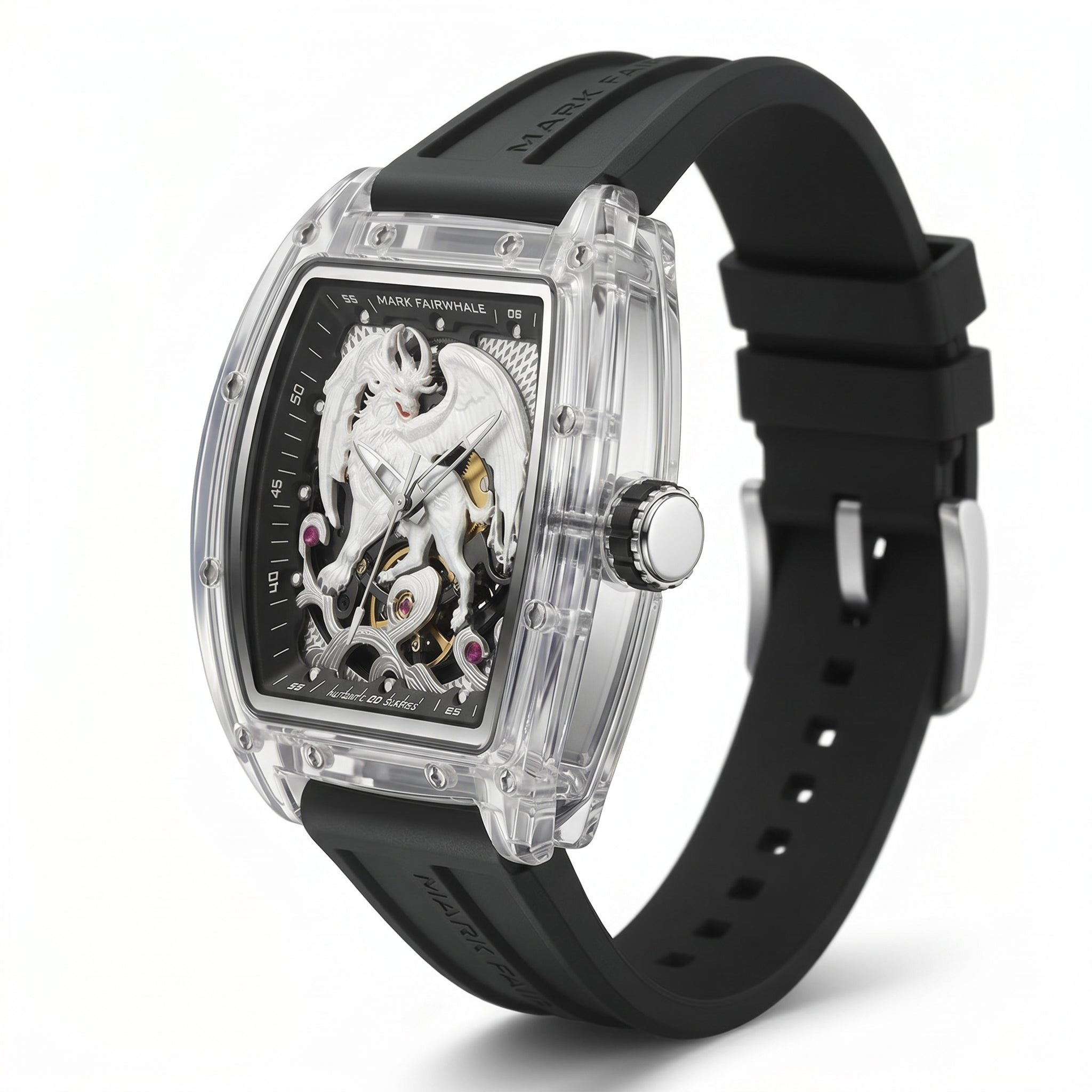 Luxury watch with black strap and transparent case on a white background