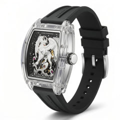 Luxury watch with black strap and transparent case on a white background