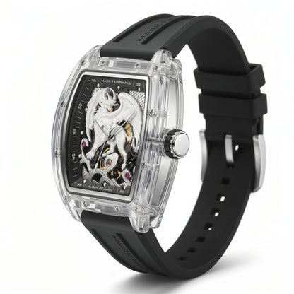 Luxury watch with black strap and transparent case on a white background