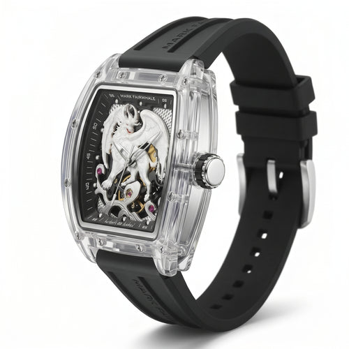 Luxury watch with black strap and transparent case on a white background