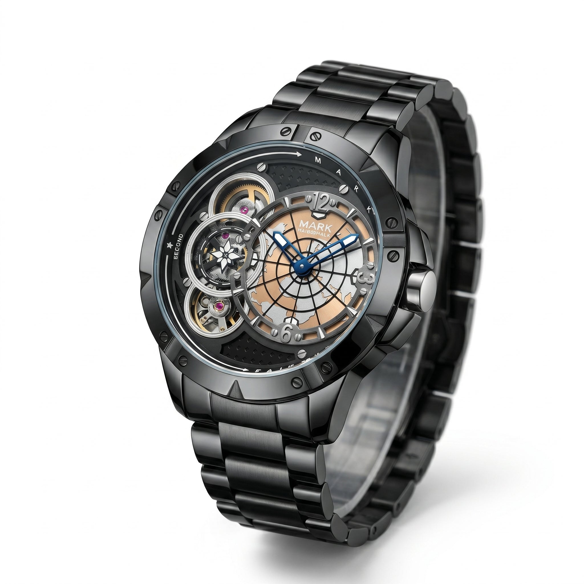 Luxury black watch with intricate design on a white background