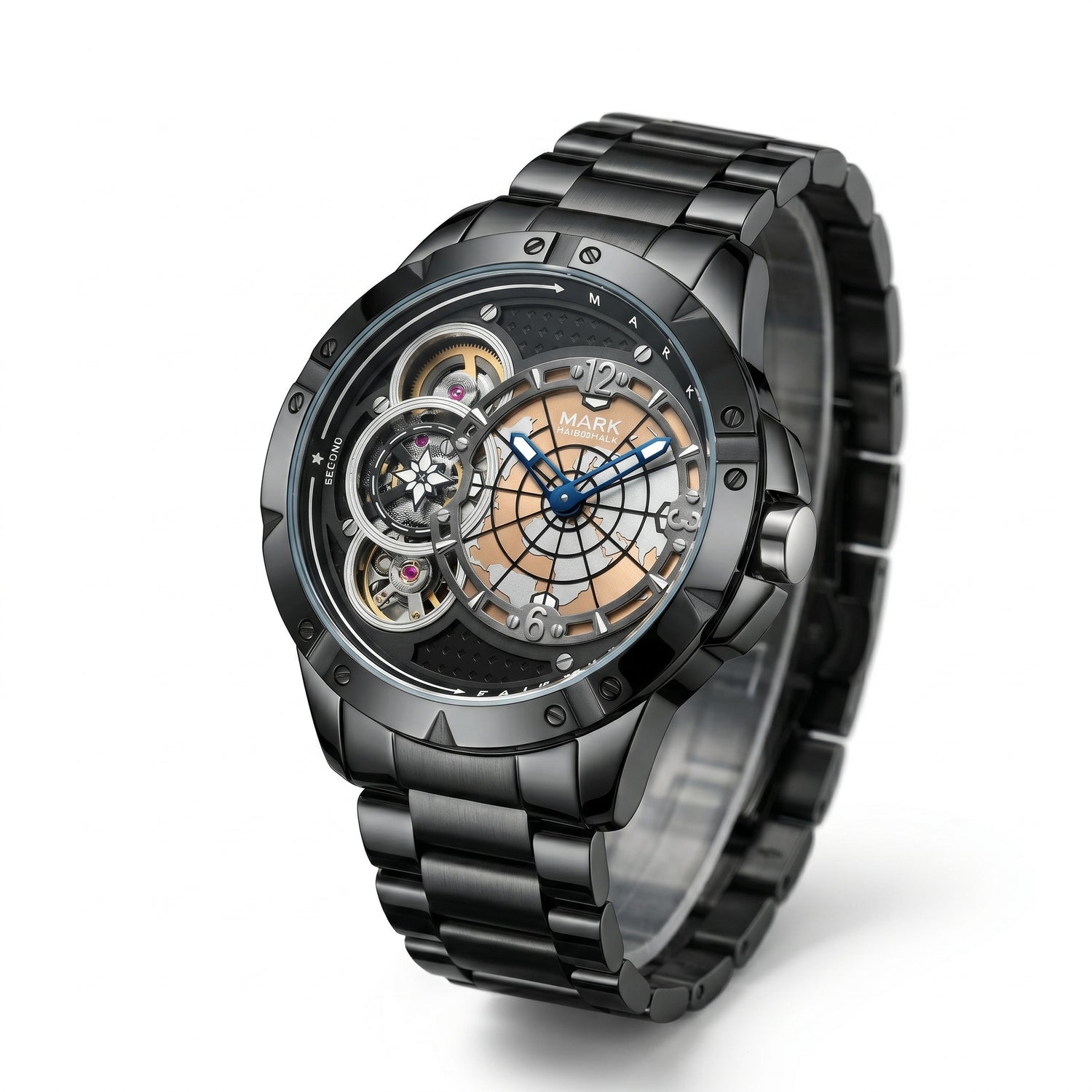 Luxury black watch with intricate design on a white background