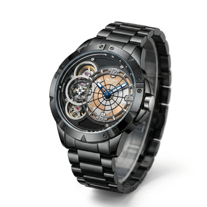 Luxury black watch with intricate design on a white background