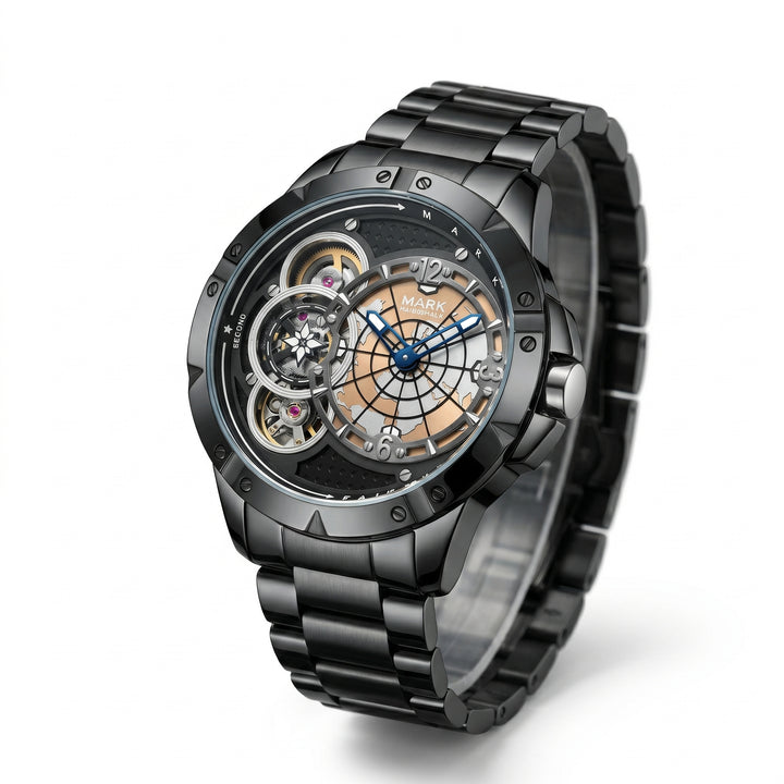 Luxury black watch with intricate design on a white background