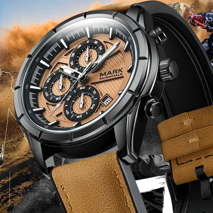 Luxury close-up of Mark Fairwhale NOVANTOR quartz watch with golden dial and chronograph subdials