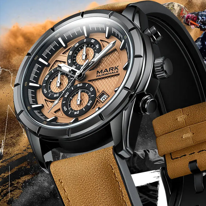 Luxury close-up of Mark Fairwhale NOVANTOR quartz watch with golden dial and chronograph subdials