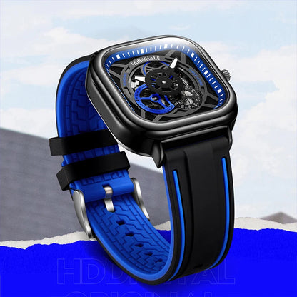 Luxury men’s mechanical watch with numberless skeleton dial and durable rubber band