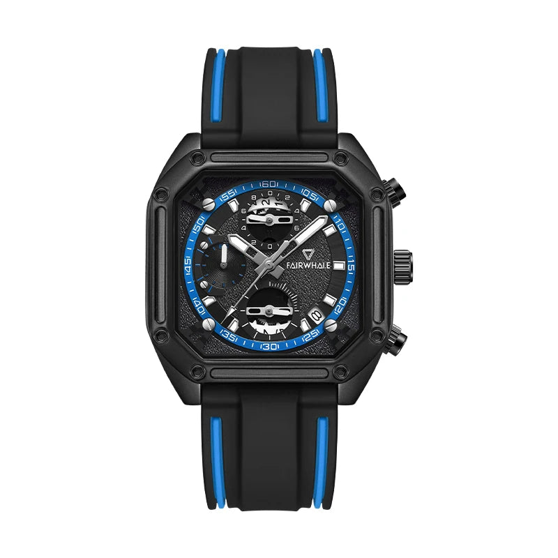 Luxury men’s square chronograph watch BLUORA 5540 by Mark Fairwhale with black dial, blue accents, and waterproof silicone strap.