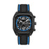 Luxury men’s square chronograph watch BLUORA 5540 by Mark Fairwhale with black dial, blue accents, and waterproof silicone strap.
