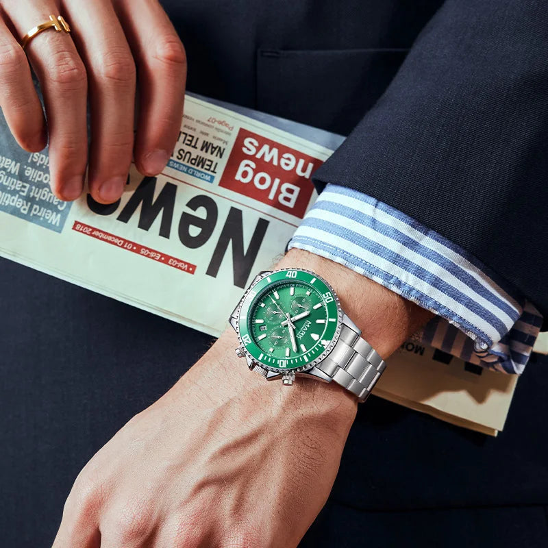 Luxury men’s stainless steel chronograph watch Mark Fairwhale HEXORA model 5150, showcasing full design.