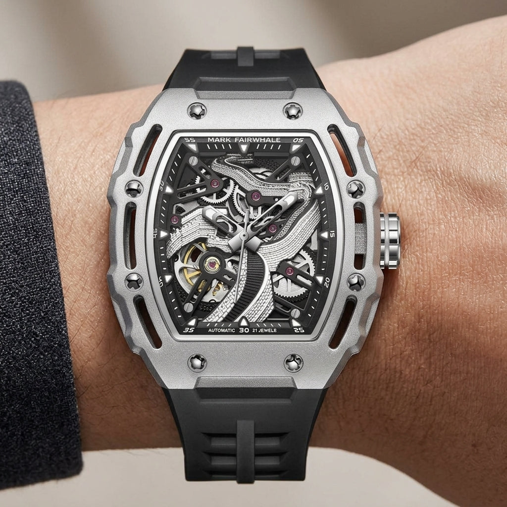 Luxury watch with intricate design on a wrist against a neutral background