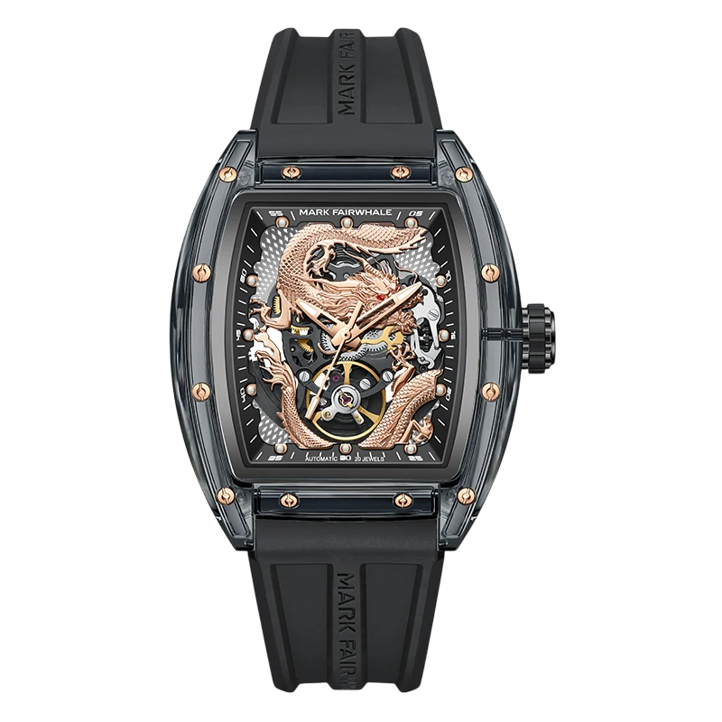 Luxury watch with black strap and intricate design on a white background